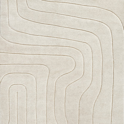 Beige textured rug with raised, curving labyrinth lines in a modern abstract pattern.