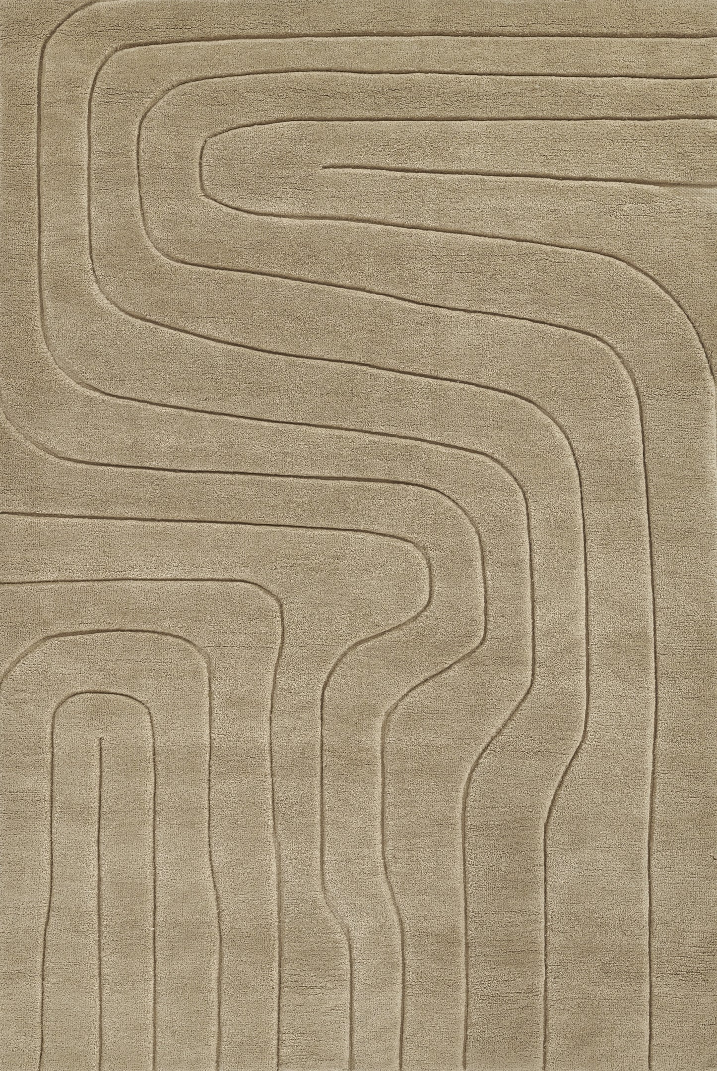 Beige rug with raised, sinuous lines forming an interlocking geometric labyrinth pattern.