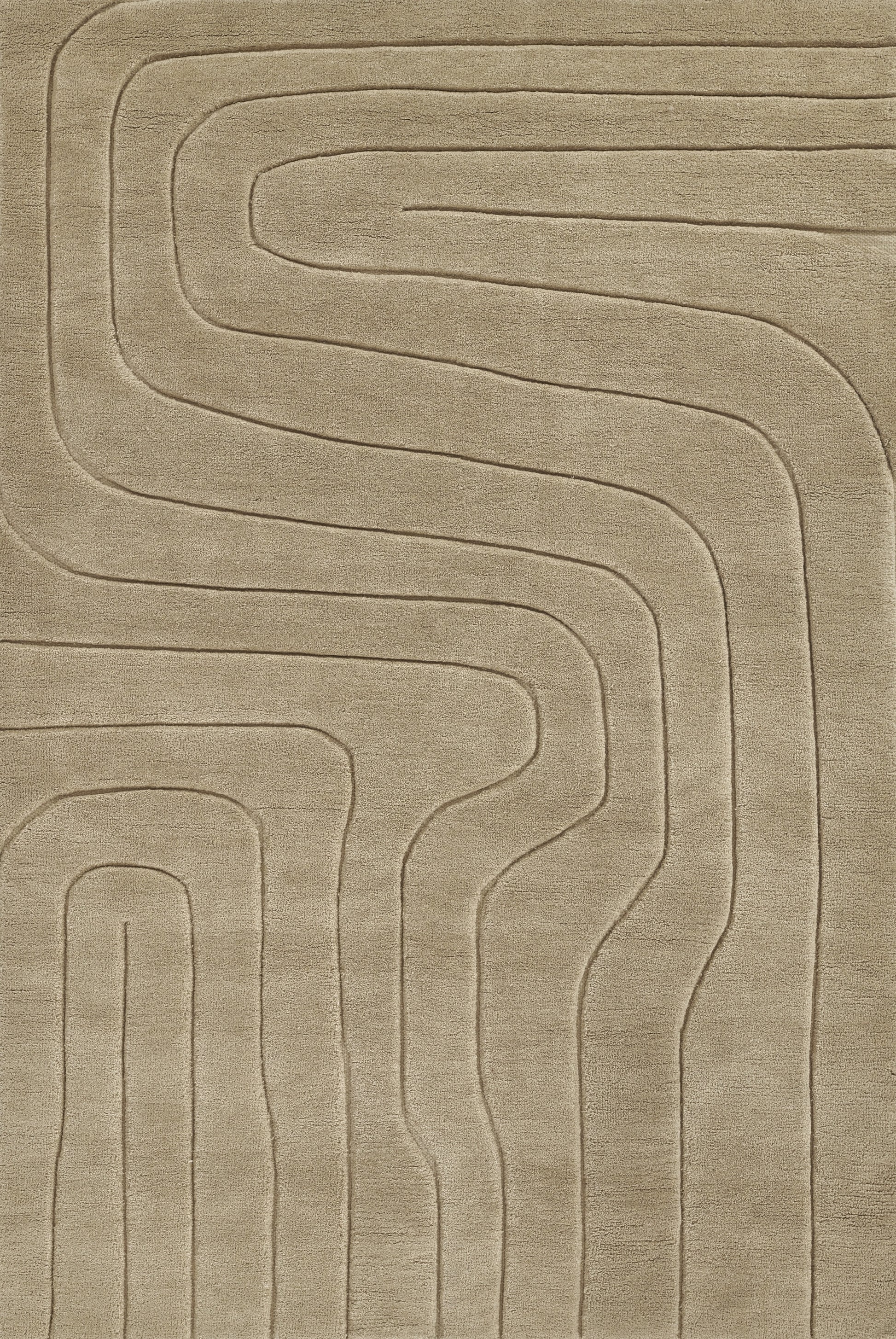 Beige rug with raised, sinuous lines forming an interlocking geometric labyrinth pattern.