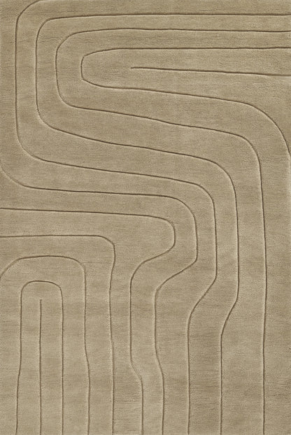 Beige plush area rug with raised curvilinear maze pattern of rounded lines; modern geometric style.