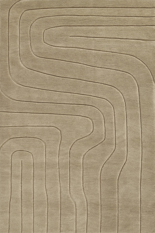 Beige plush area rug with raised curvilinear maze pattern of rounded lines; modern geometric style.