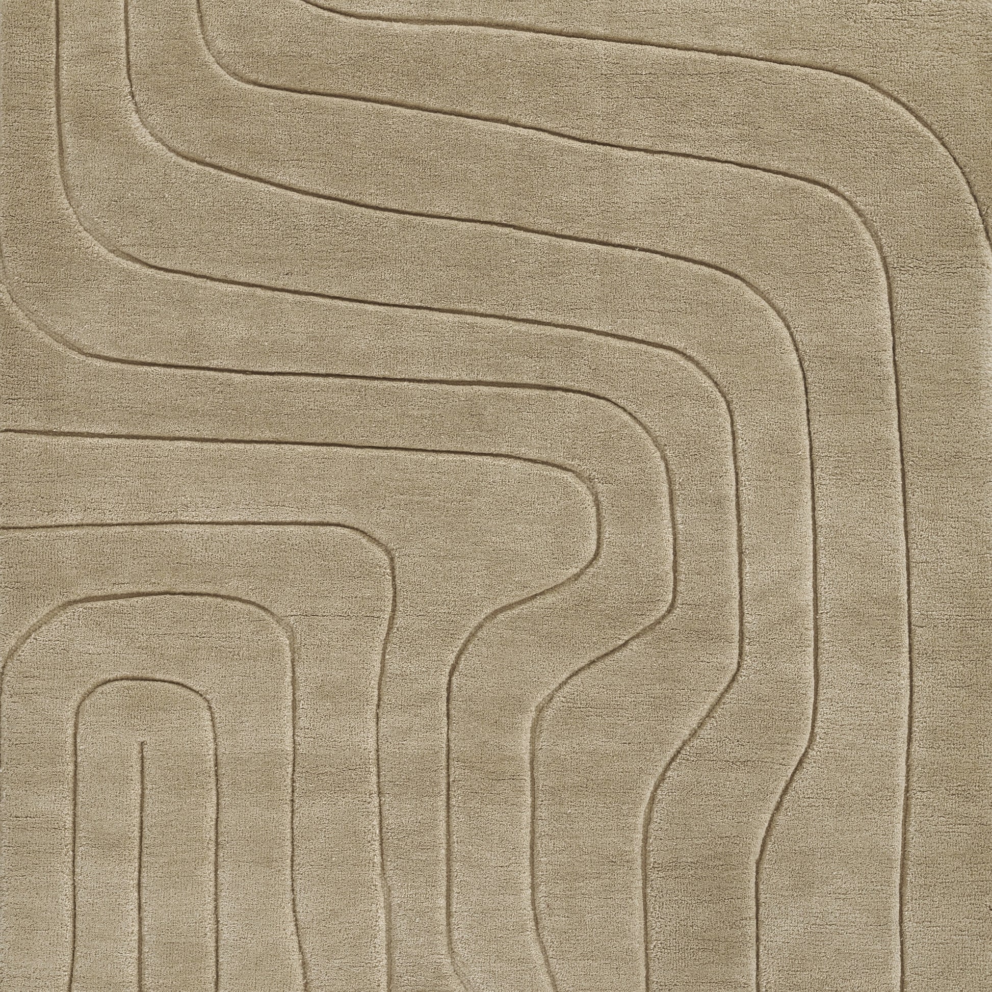 Beige modern rug with embossed curving lines forming a geometric labyrinth; soft plush pile.