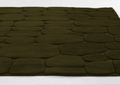 Olive green shag rug with irregular pebble-shaped panels and plush, textured surface; perfect as a cozy floor accent.