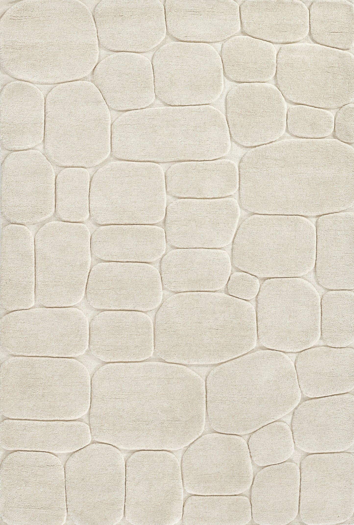 Beige woven rug featuring rounded pebble-like blocks in a soft stone-patterned surface.