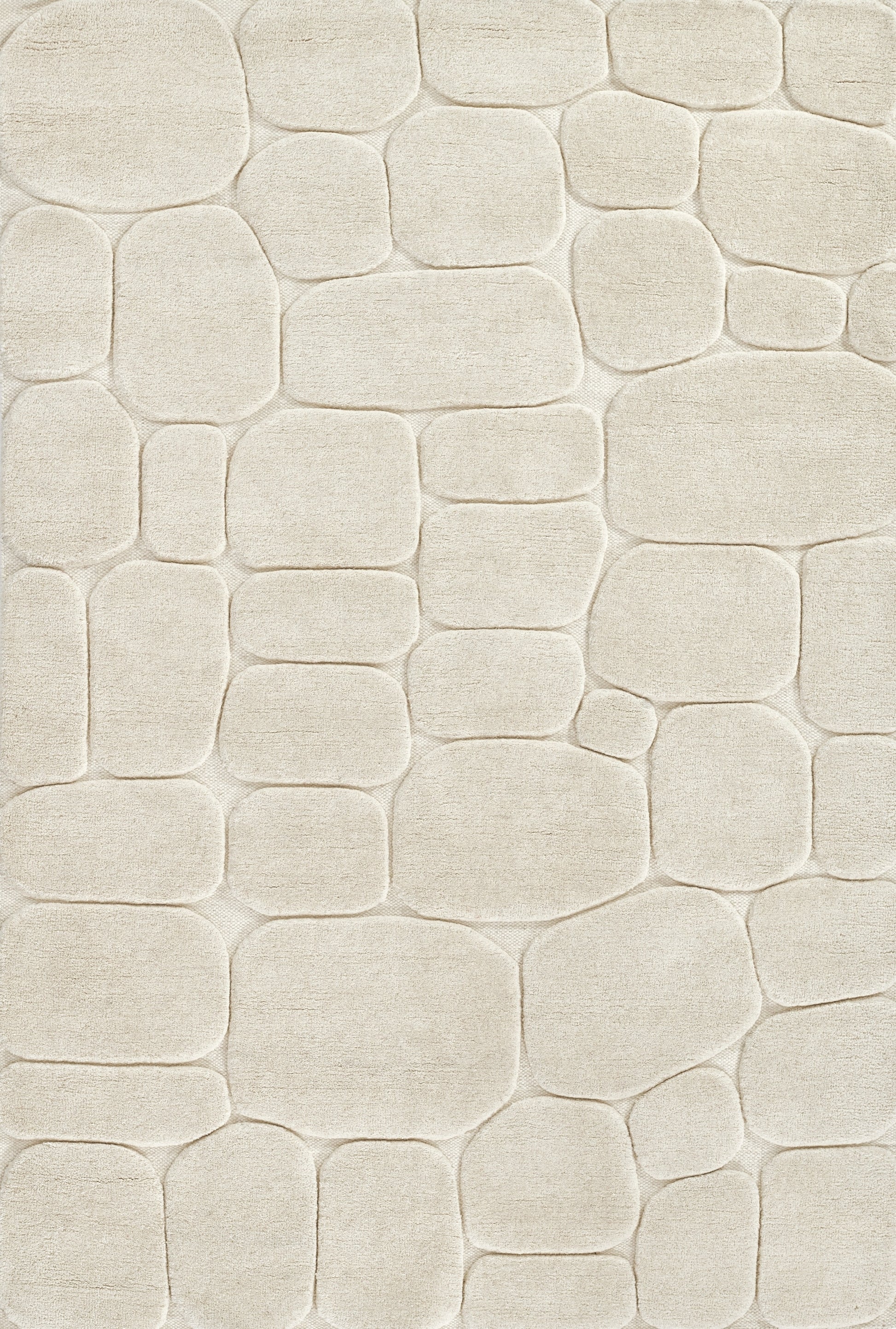 Beige woven rug featuring rounded pebble-like blocks in a soft stone-patterned surface.