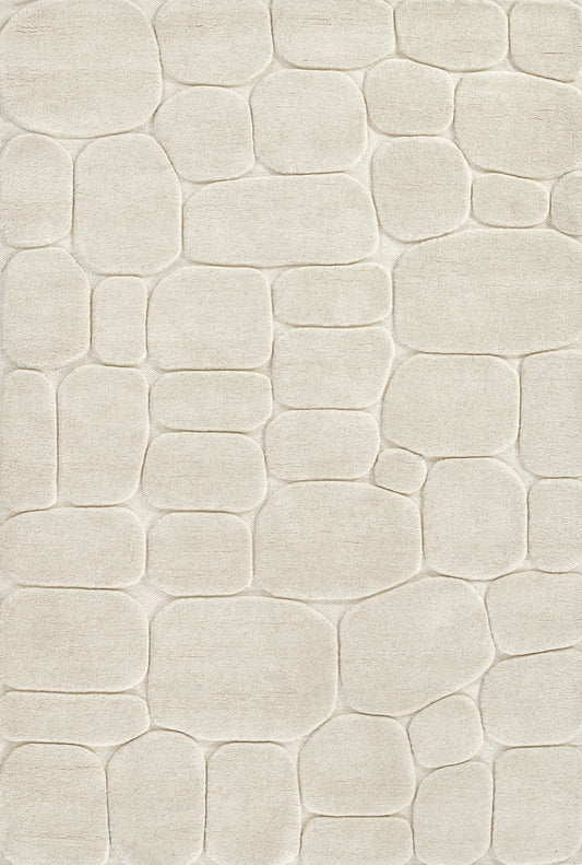 Beige woven rug featuring rounded pebble-like blocks in a soft stone-patterned surface.