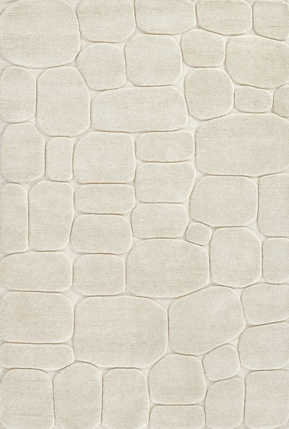Momeni Canyon 5×8 hand-tufted wool area rug in ivory with high/low carved texture, organic pebble-inspired pattern for living room or bedroom decor, neutral natural wool rug enhancing contemporary and bohemian interiors.