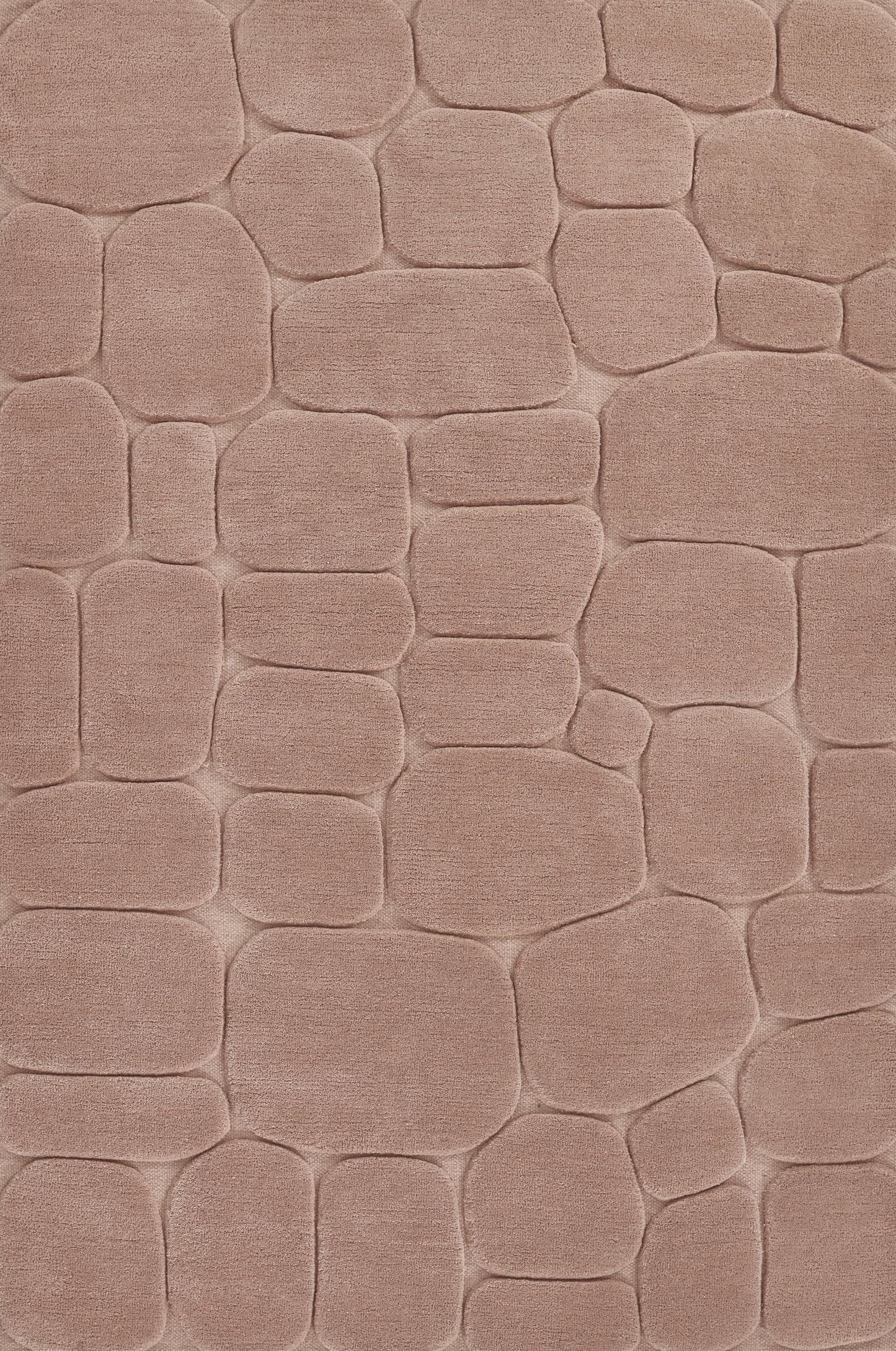 Blush pink cobblestone-patterned plush rug for living room or bedroom decor.