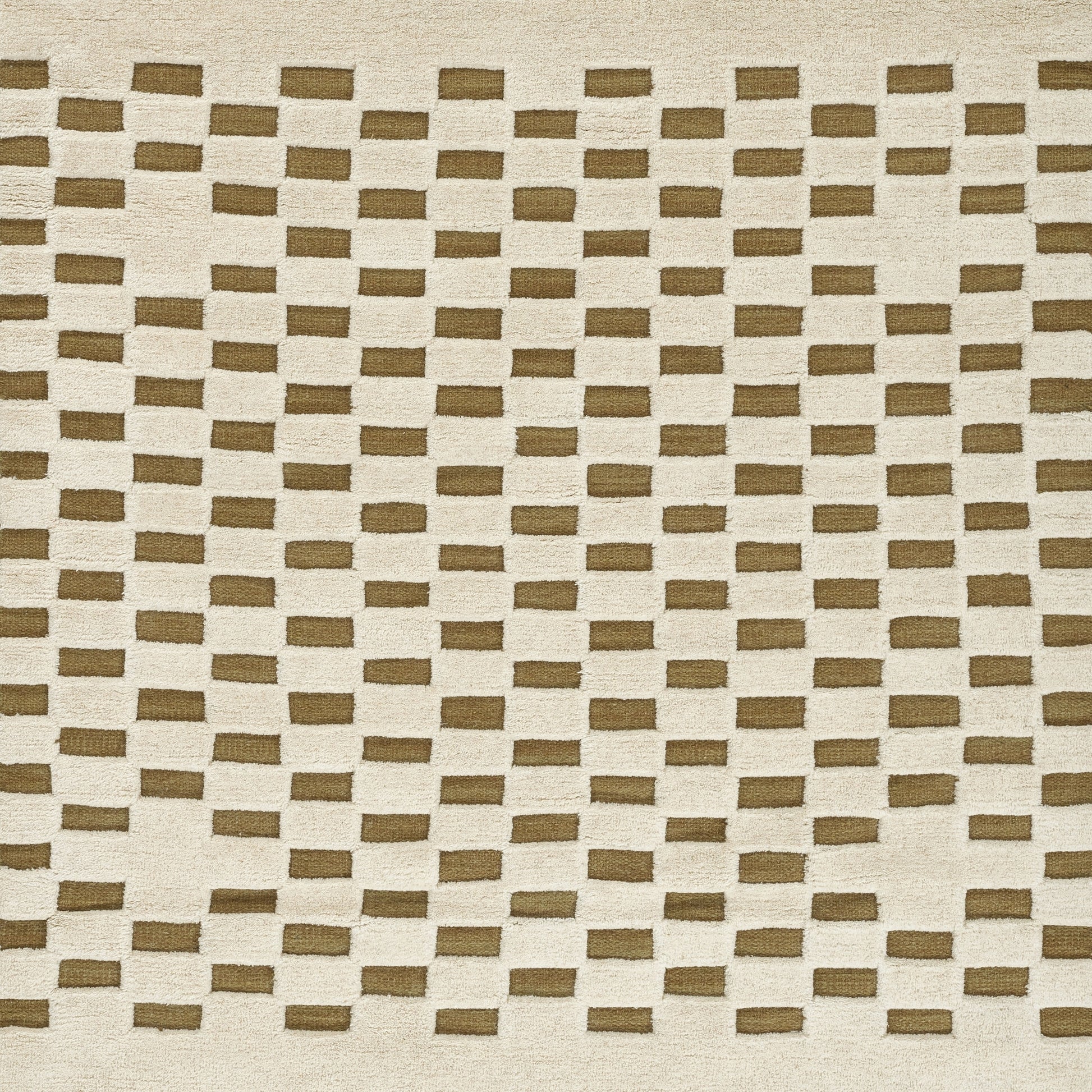 Beige woven rug with a repeating grid of brown rectangular blocks for a neutral geometric look.