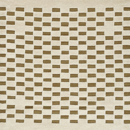 Beige woven rug with a repeating grid of brown rectangular blocks for a neutral geometric look.