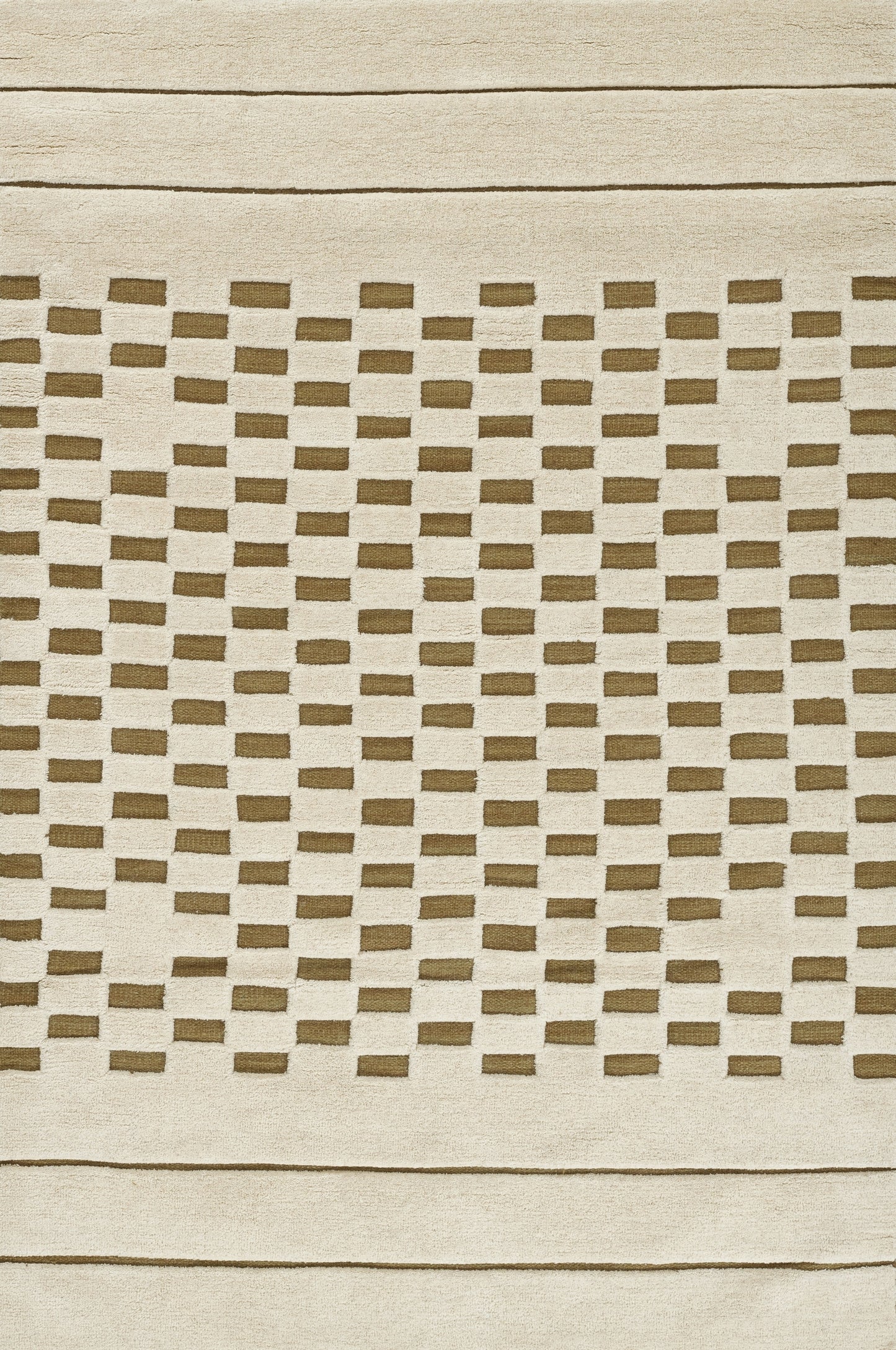 Beige woven rug with a brown rectangular lattice pattern and light border for a casual contemporary look.