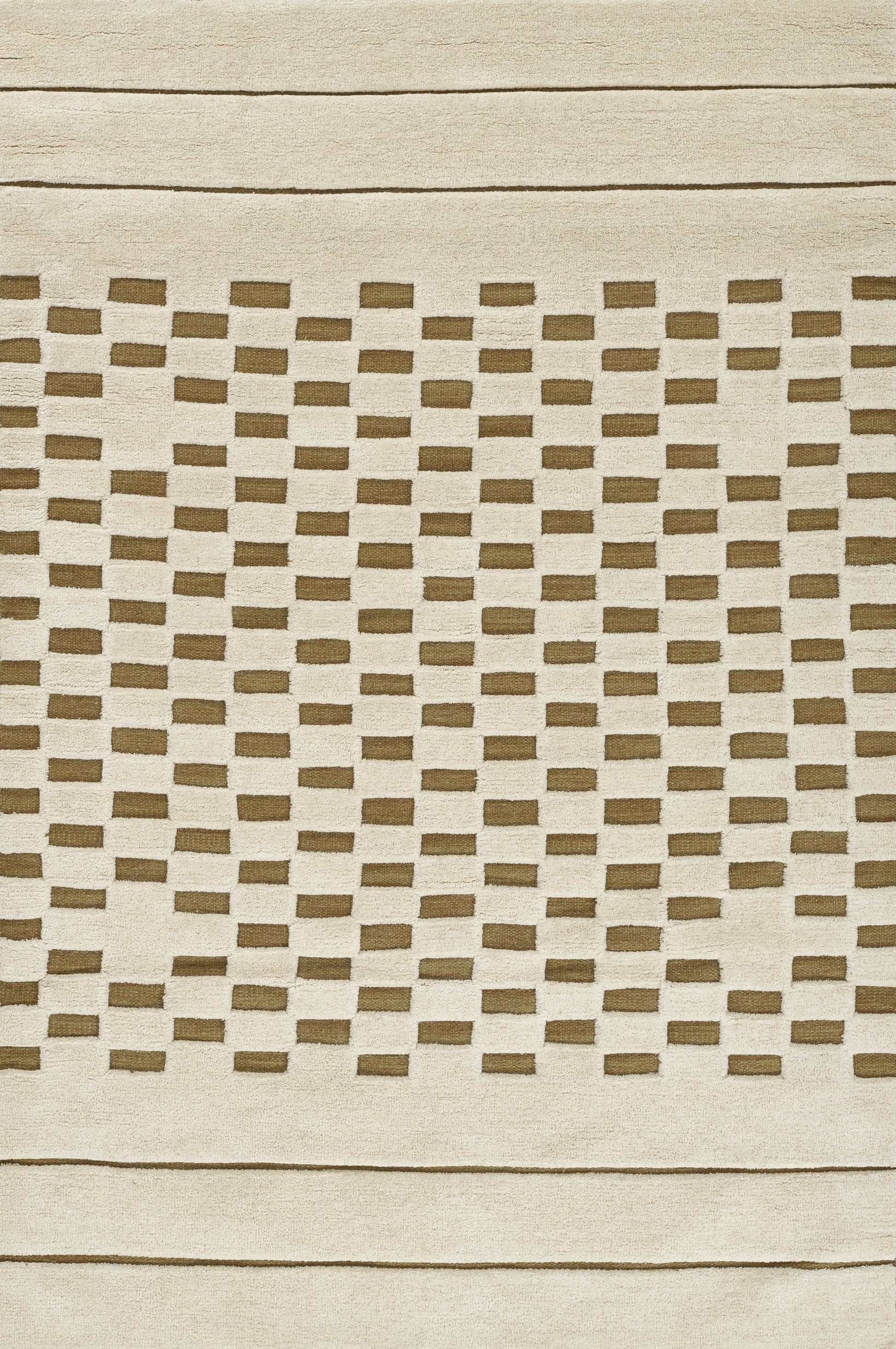 Beige woven rug with a brown rectangular lattice pattern and light border for a casual contemporary look.