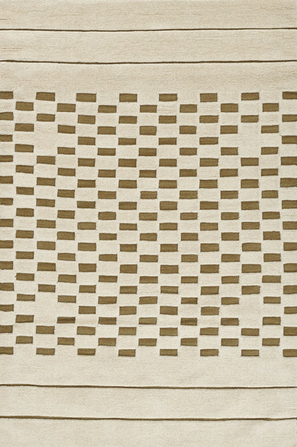 Beige woven rug with a brown rectangular lattice pattern and light border for a casual contemporary look.