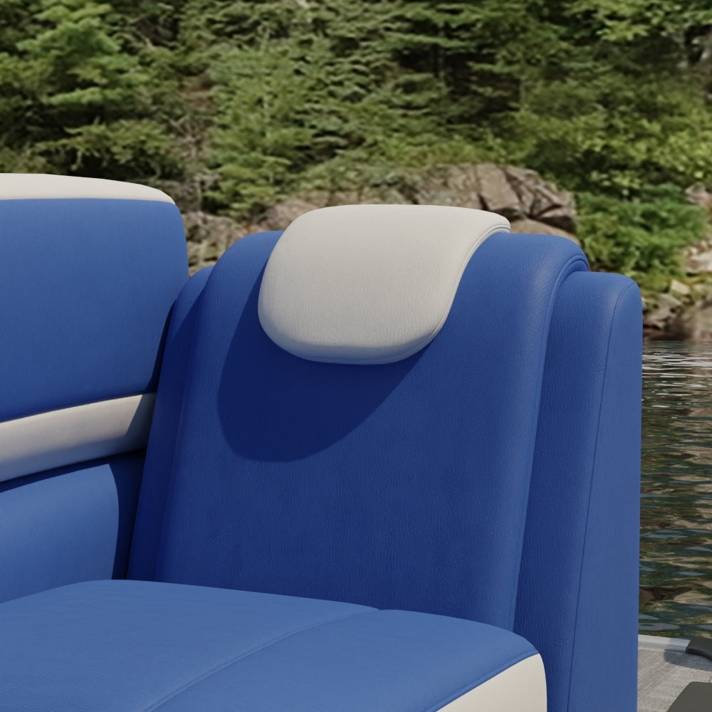 Blue solid fabric boat seat with a light gray headrest on a pontoon beside water and trees.