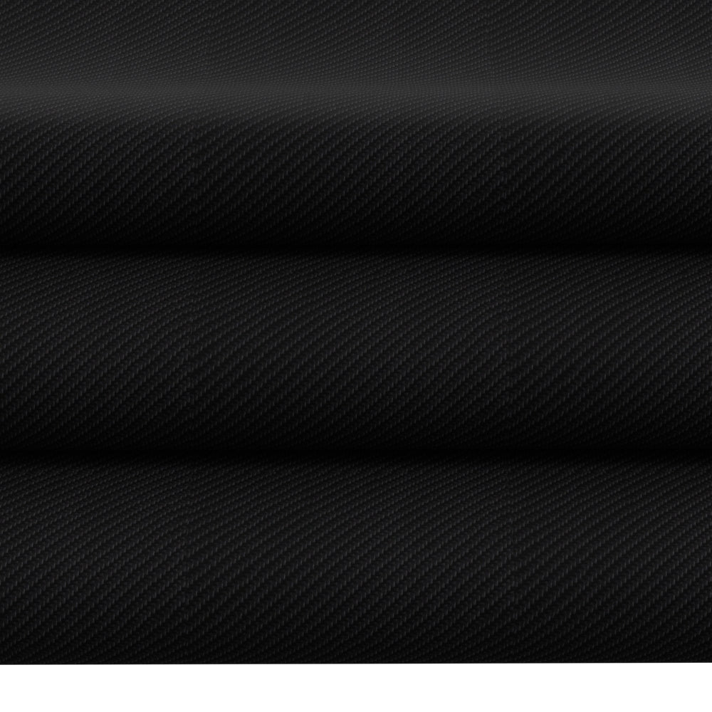Black novelty fabric on a roll with diagonal, carbon-fiber textured weave.