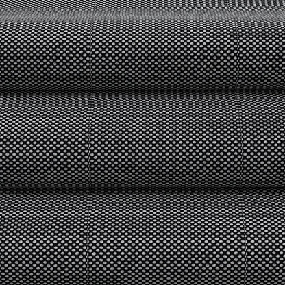 Black perforated fabric on rolled bolts; versatile upholstery or apparel textile.