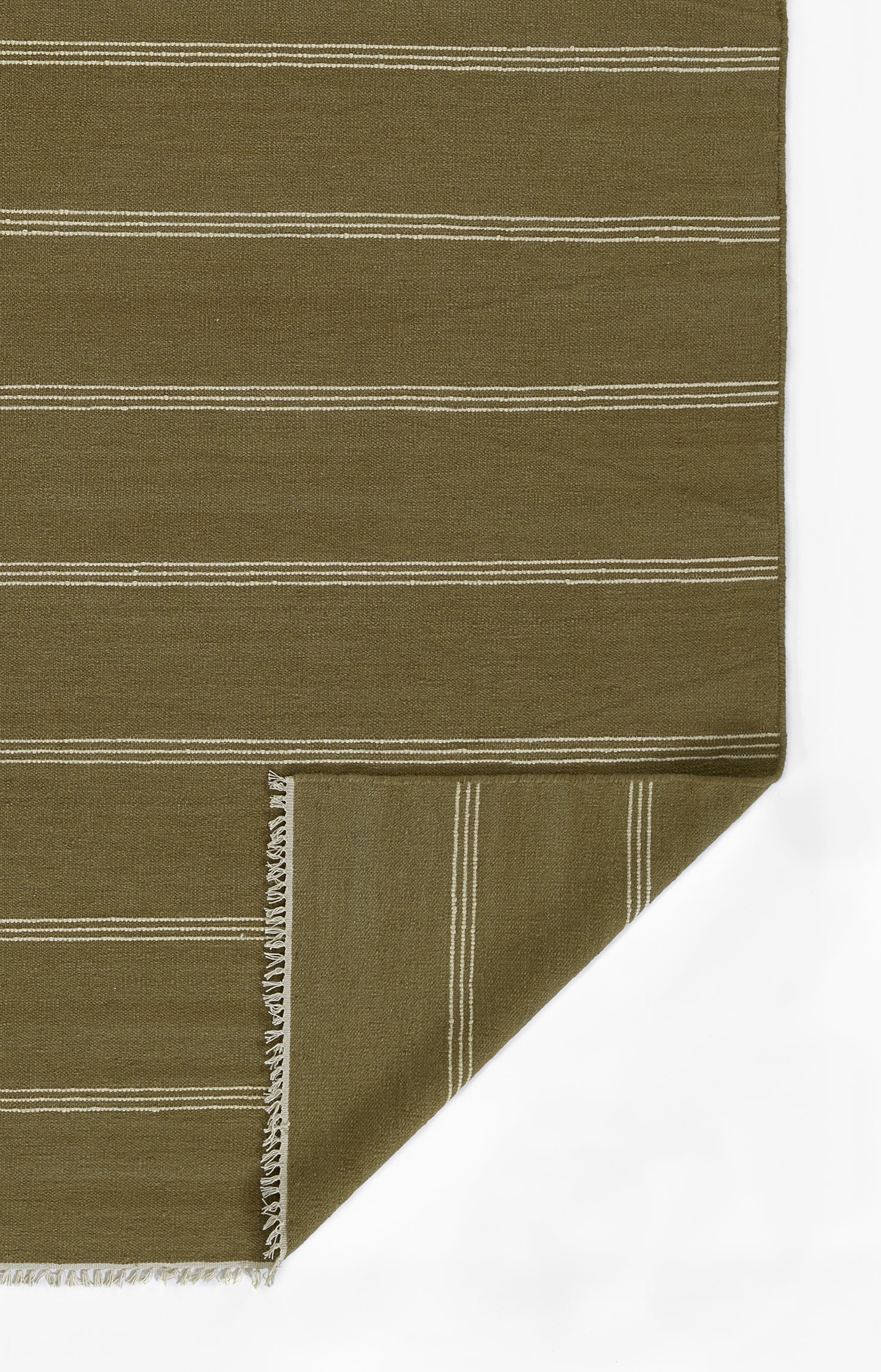 Olive green woven cotton throw with narrow white horizontal stripes, fringed edge and folded corner.