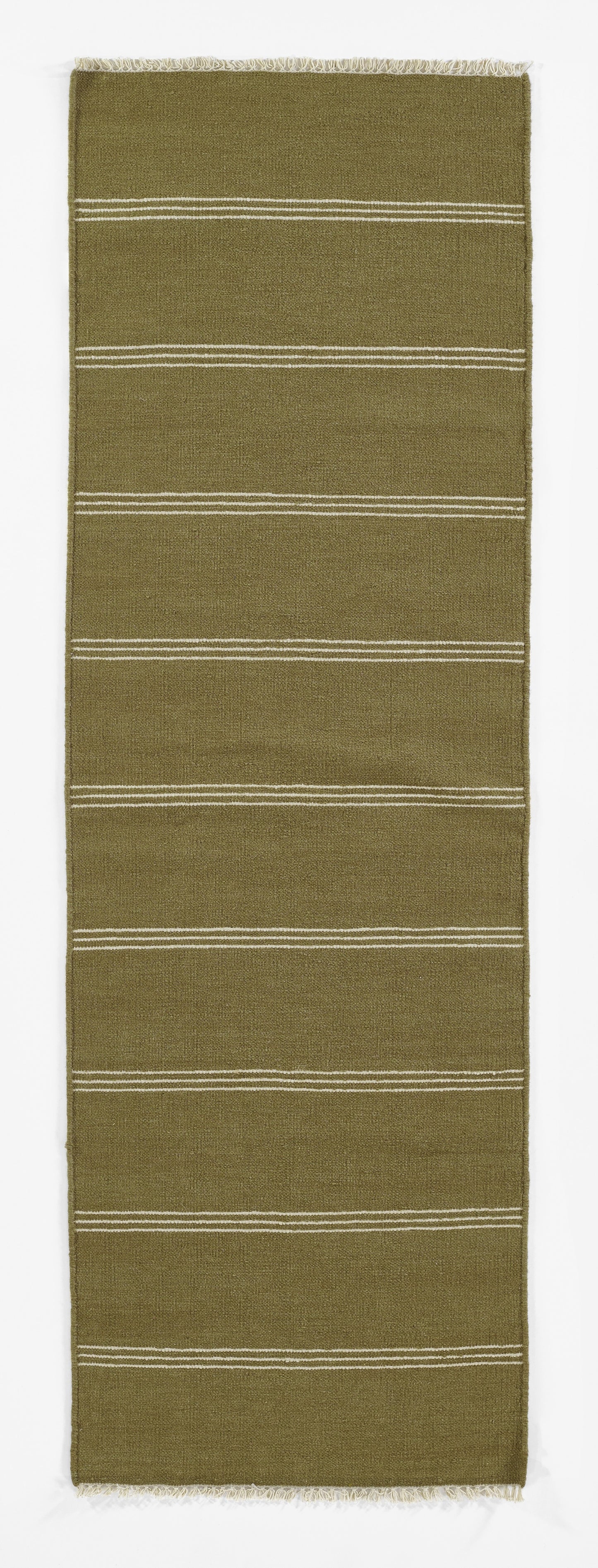 Olive green woven runner rug with white horizontal stripes and fringed ends.
