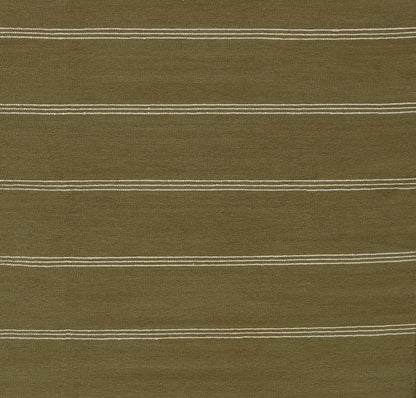 Olive green rug with slim white stripes; 6' x 9'.