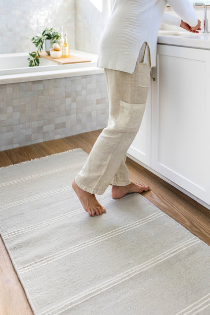 Light gray striped runner rug on floor, 3' x 8'.