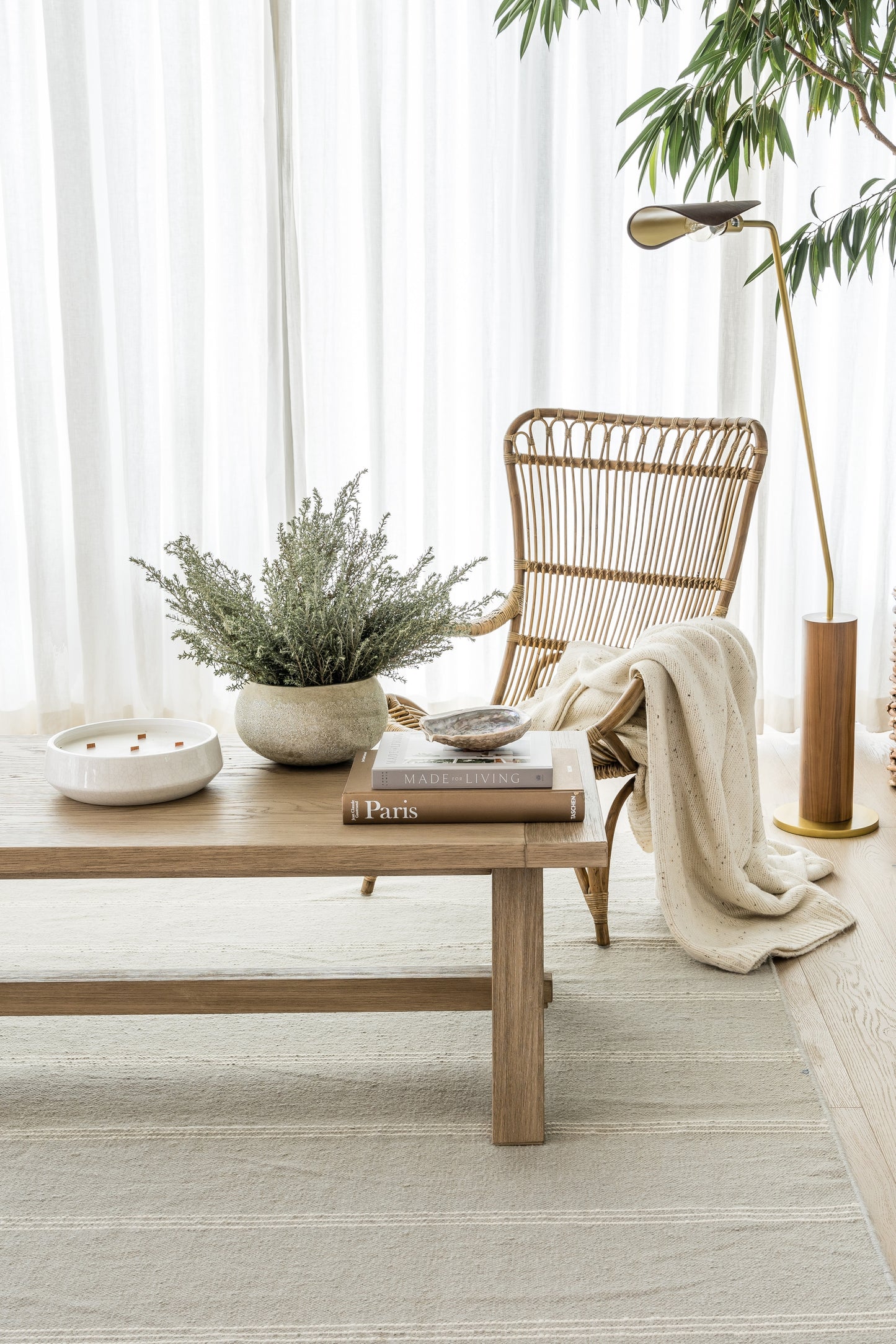 Boho living room with a wooden coffee table, rattan chair, beige throw, plant, books, ceramic bowl, brass floor lamp, and a 3' x 8' rug runner on the floor.