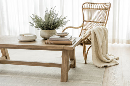 3' x 8' rug runner on a beige floor in a living room, with a natural wood coffee table holding greenery, books and a ceramic bowl, plus a wicker rattan chair and a cream throw.