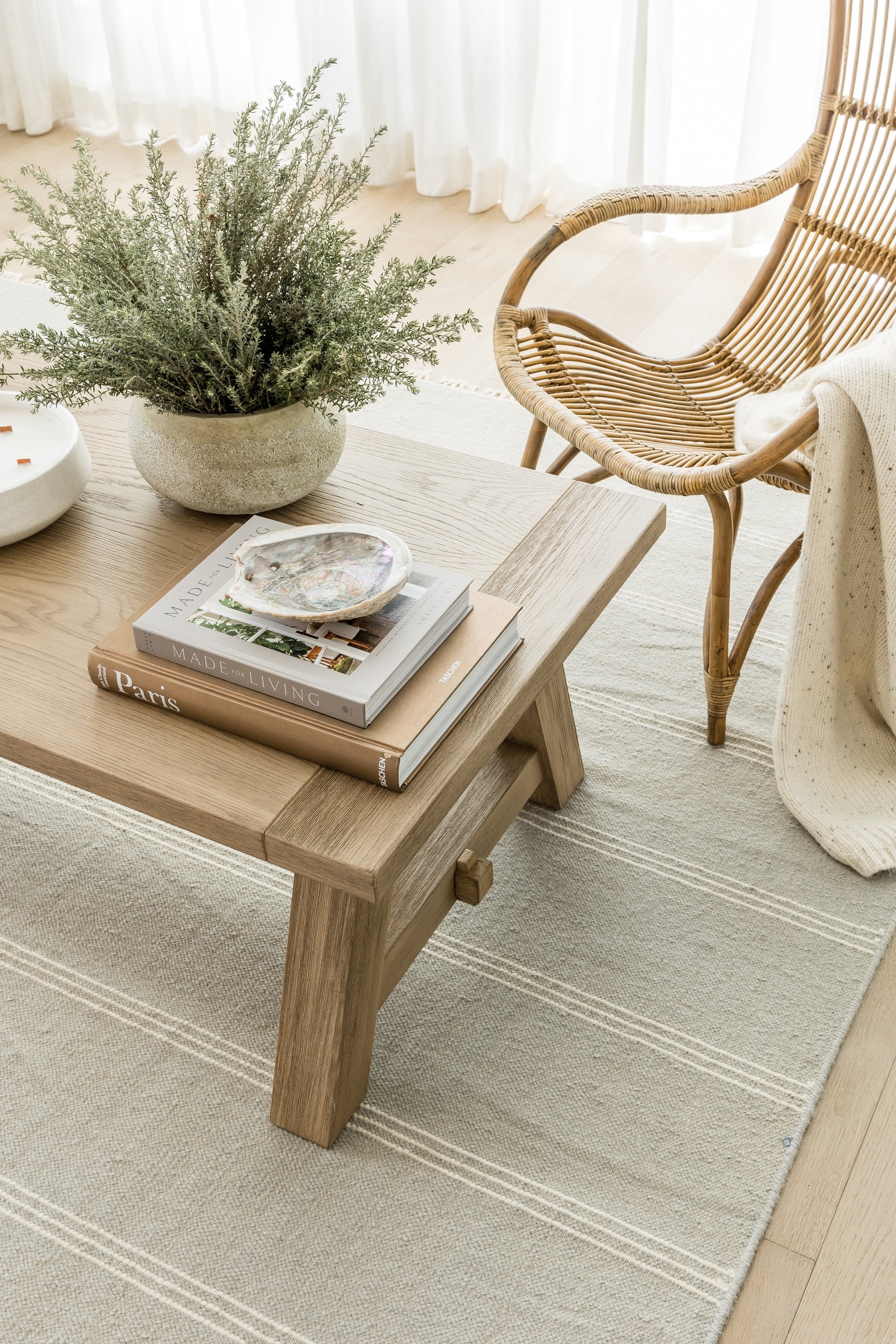 Beige striped runner rug 3' x 8' with a natural wooden coffee table, books, a shell dish, potted greenery, and a rattan chair.