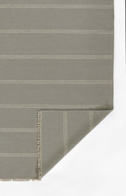 Taupe woven rug runner with thin white horizontal stripes and fringed edges; 3' x 8'.