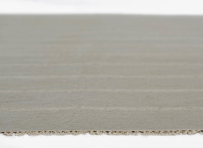 Beige-gray flatweave runner with fringe along one edge, low pile, minimalist decor, 3' x 8'.