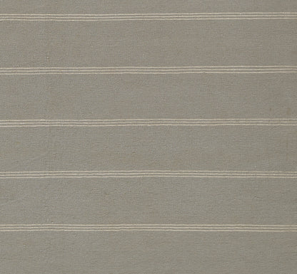 Taupe linen-look rug runner with thin white stripes.