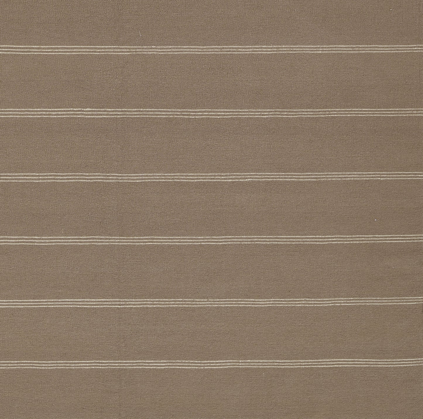Taupe-brown striped woven rug runner with thin white horizontal bands.