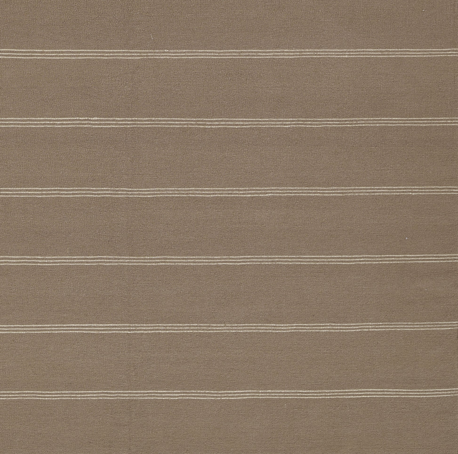 Taupe-brown striped woven rug runner with thin white horizontal bands.