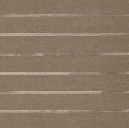 Taupe-brown striped woven rug runner with thin white horizontal bands.
