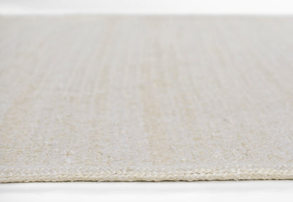 Beige woven area rug with a cream-toned braided edge and a textured striped surface, 8' x 11'.