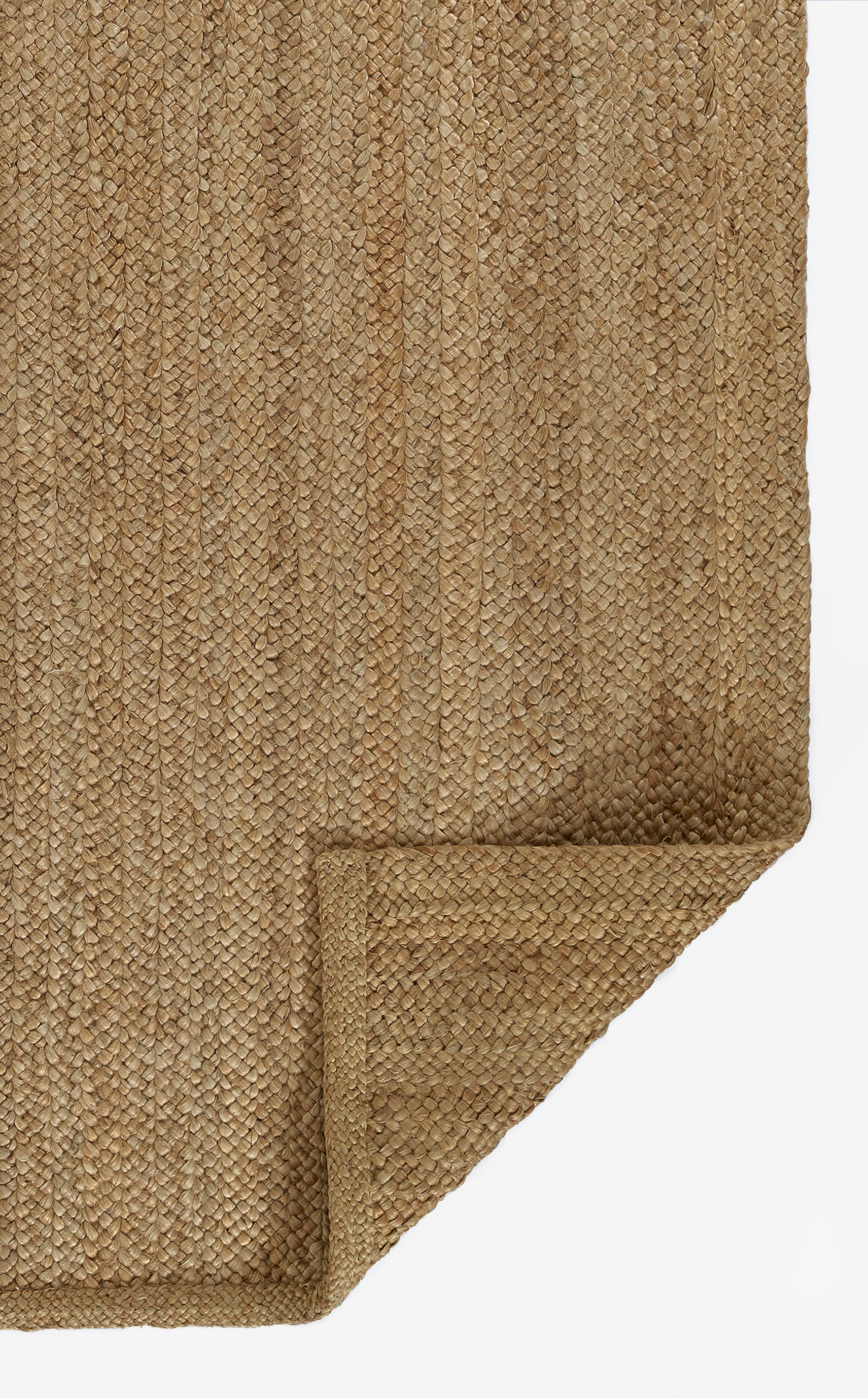 Natural jute rug with braided texture, rectangular warm beige-brown; casual coastal style.