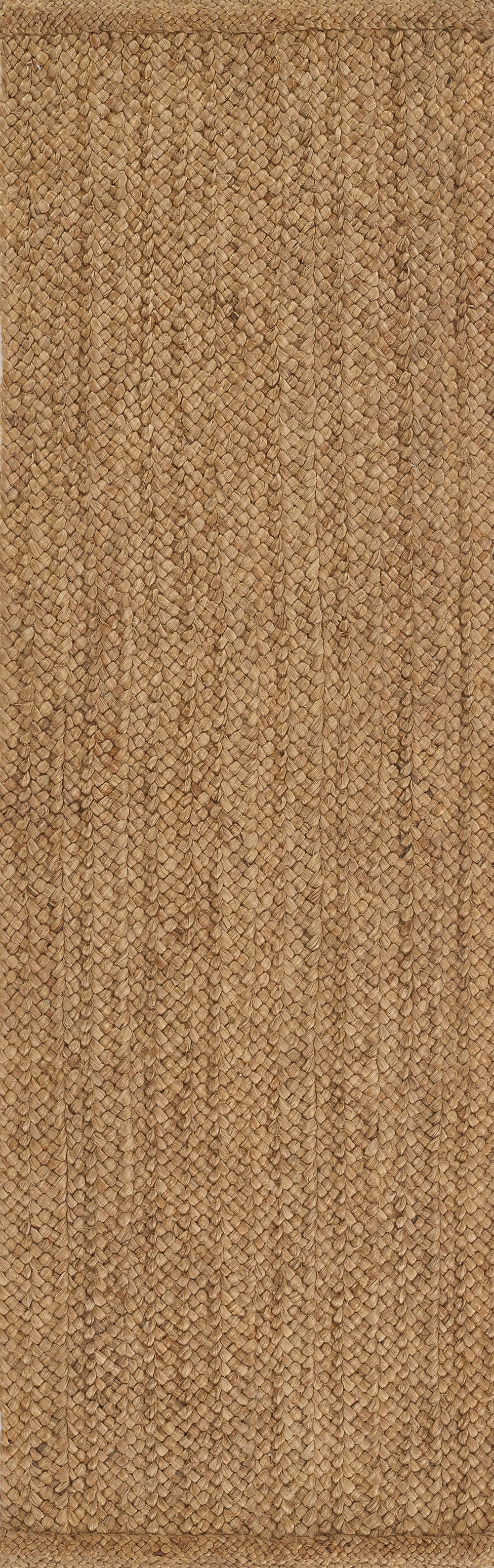 Natural beige braided jute rug texture with thick woven fibers in a diagonal braid pattern