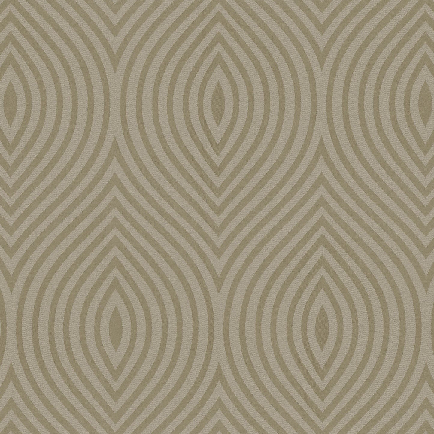 Beige and taupe damask jacquard fabric featuring concentric teardrop ovals in a repeating geometric motif.