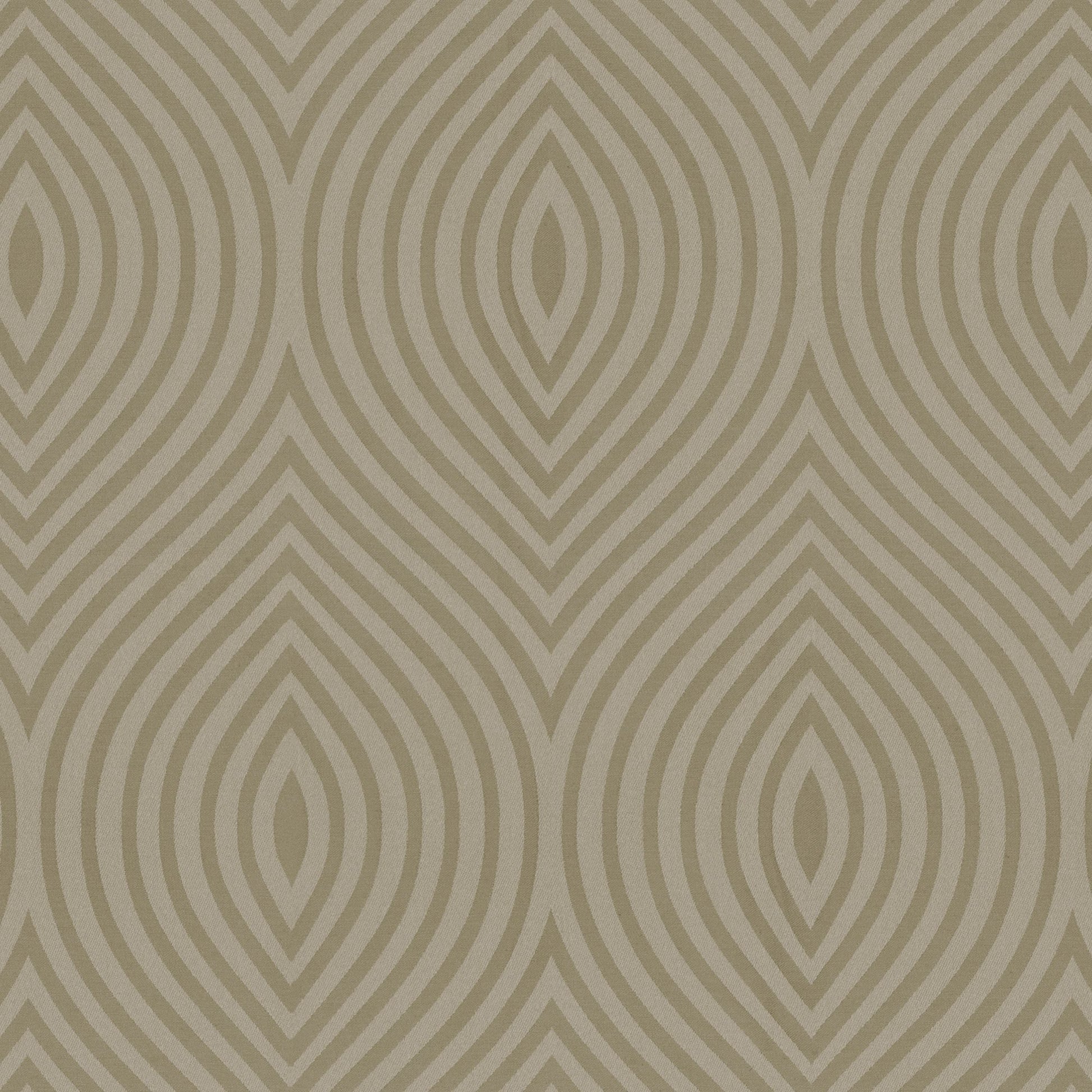 Beige and taupe damask jacquard fabric featuring concentric teardrop ovals in a repeating geometric motif.