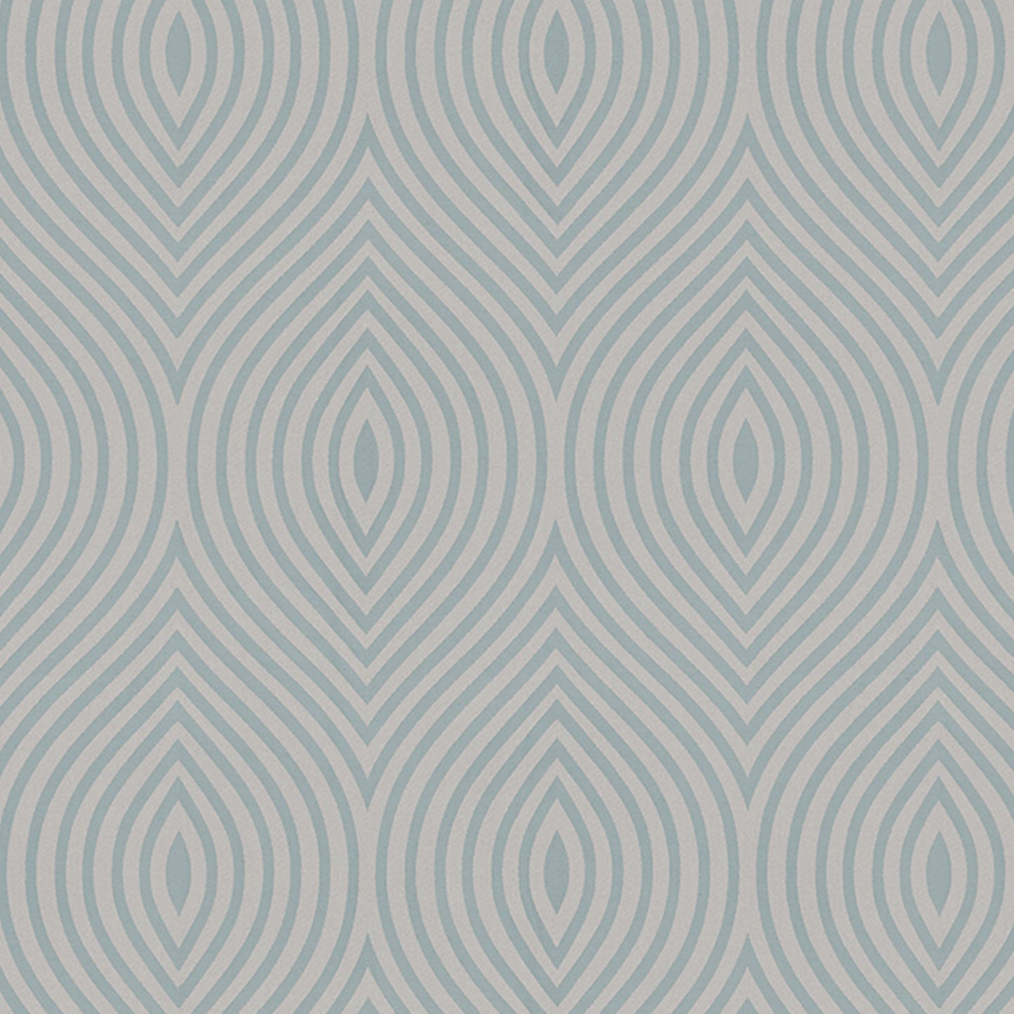 Teal-blue and cream geometric teardrop jacquard fabric with repeating oval arches in a retro damask-style pattern.