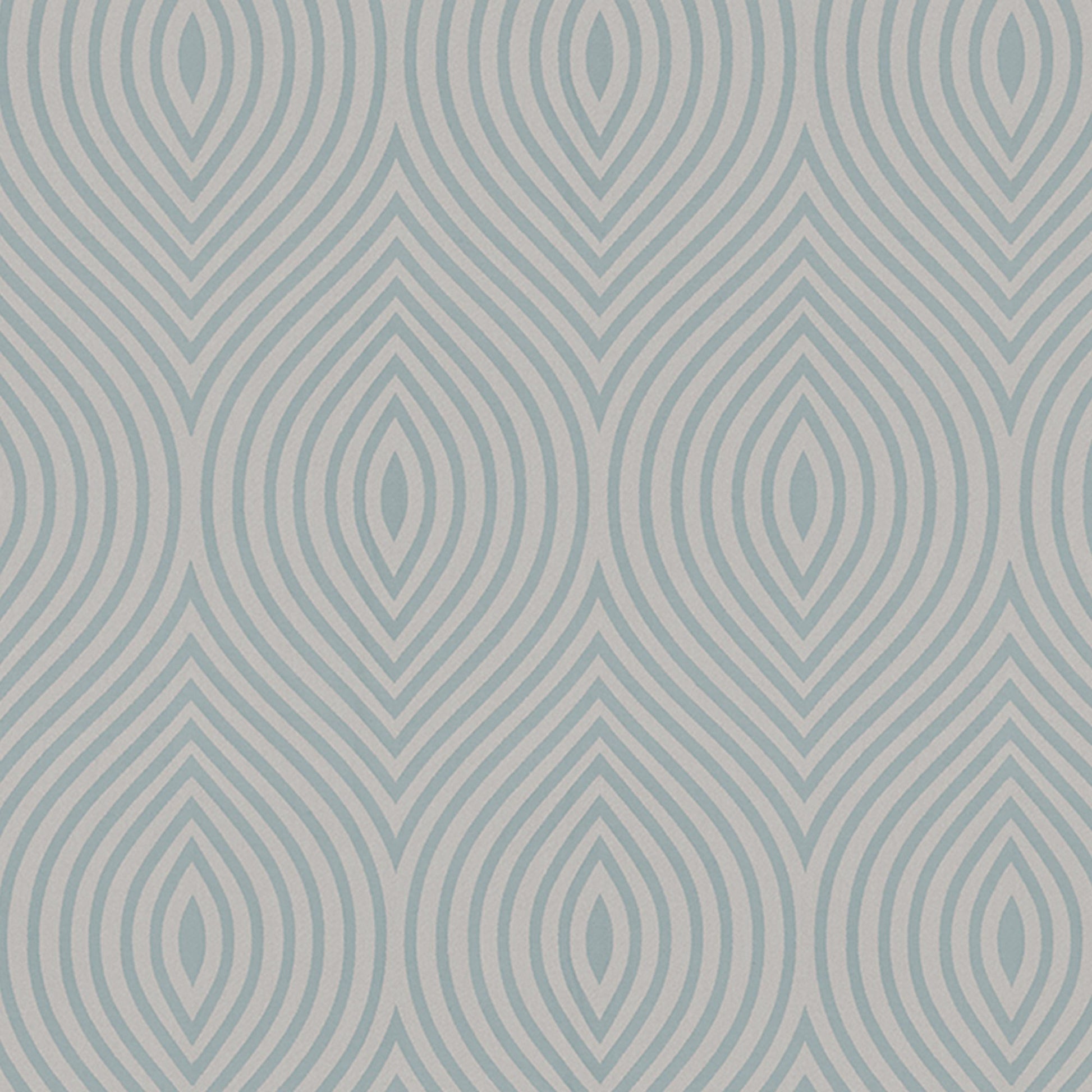 Teal-blue and cream geometric teardrop jacquard fabric with repeating oval arches in a retro damask-style pattern.