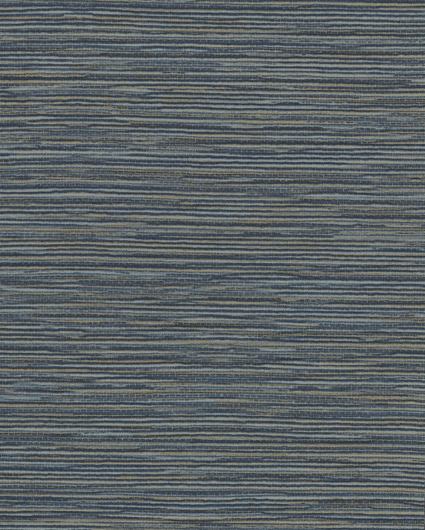 Blue striped ramie-weave grasscloth wallpaper with narrow beige lines and a textured, casual look.