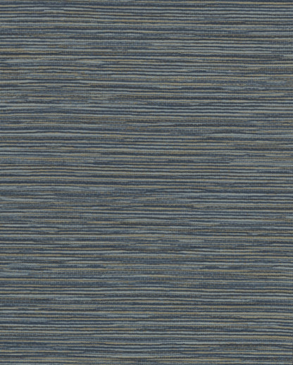 Blue striped ramie-weave grasscloth wallpaper with narrow beige lines and a textured, casual look.