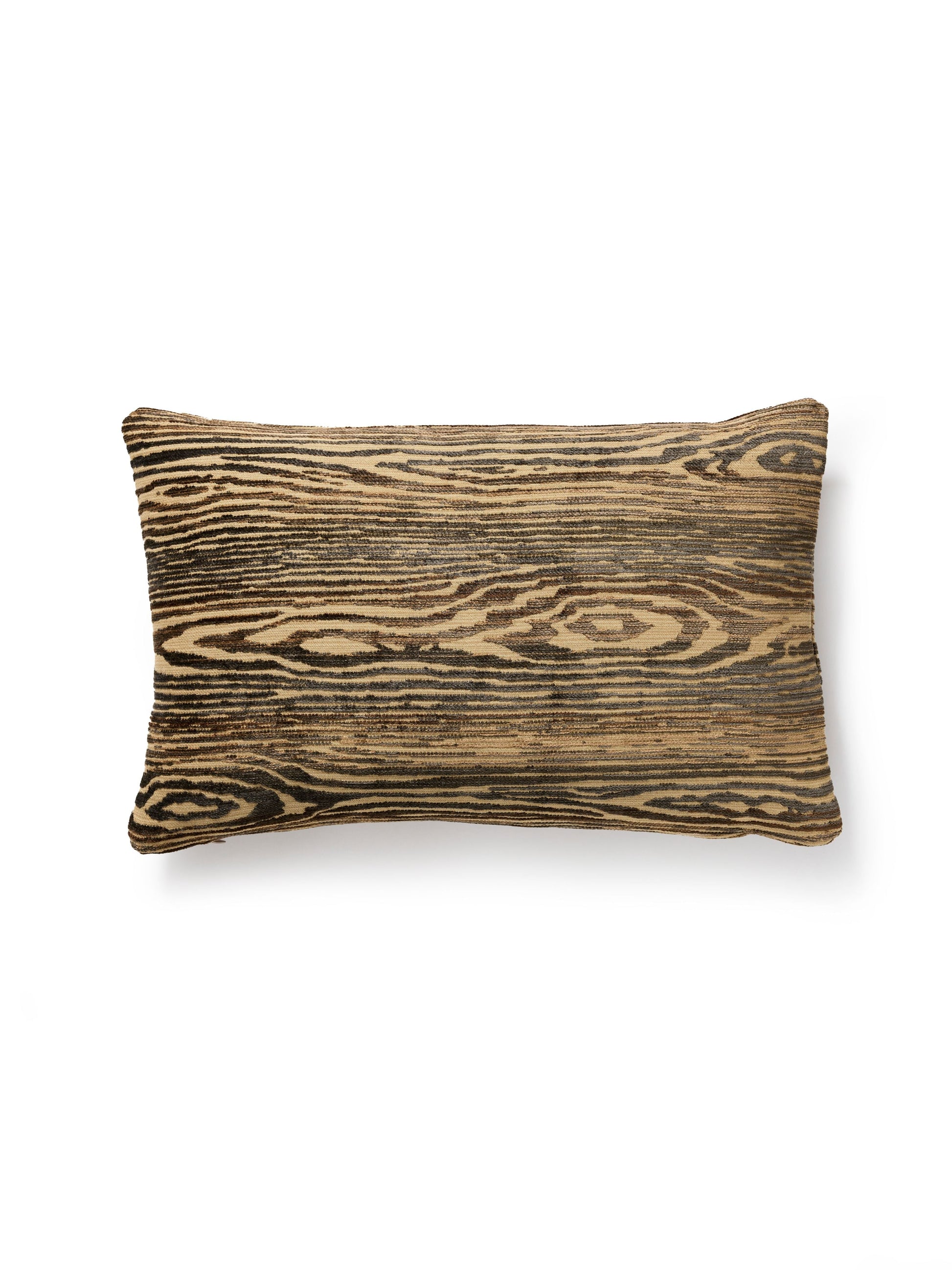 Rectangular lumbar pillow in faux bois wood-grain pattern, brown & black textured fabric.