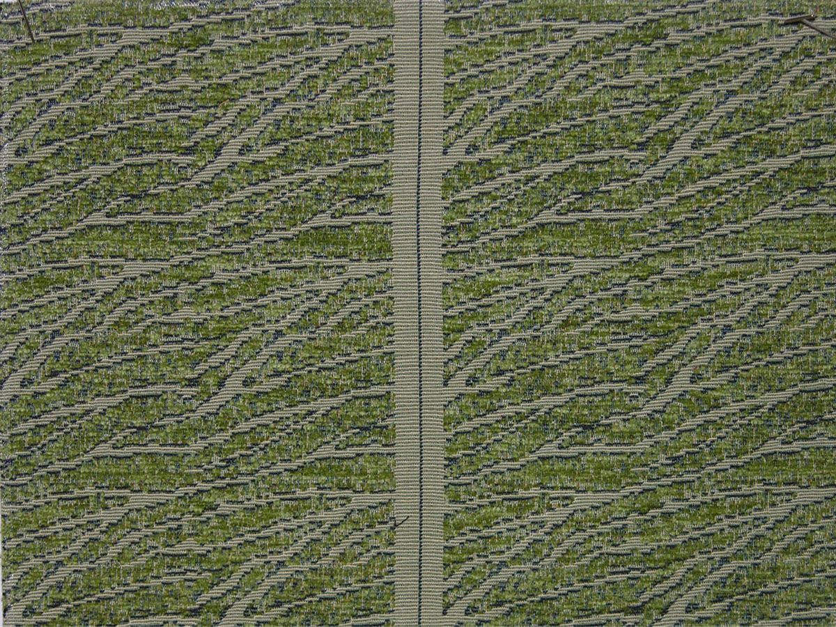 Green textured woven upholstery fabric with beige diagonal stripes and a central seam