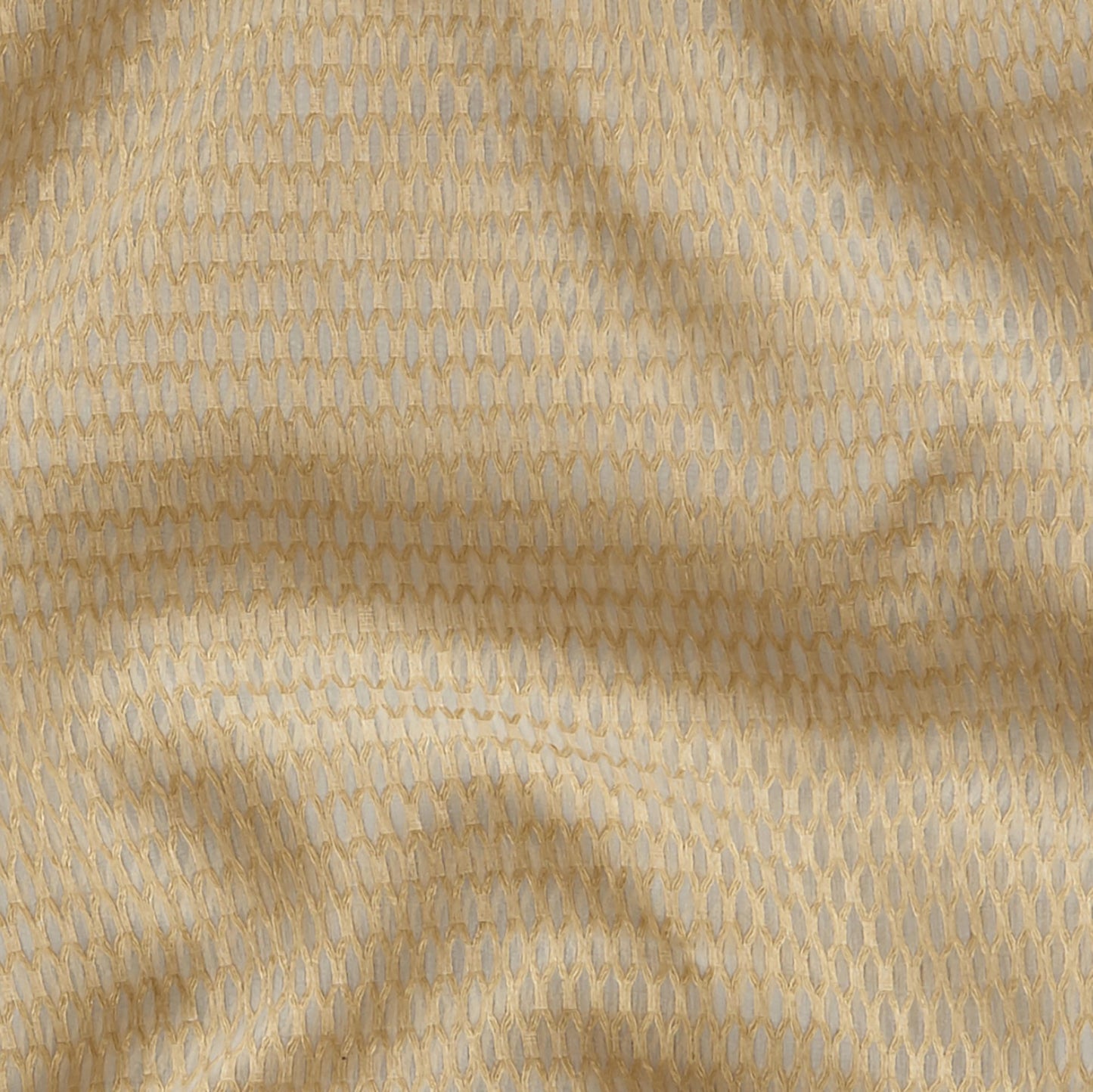 Gold-beige mesh knit fabric with small oval open-weave pattern and soft drape.