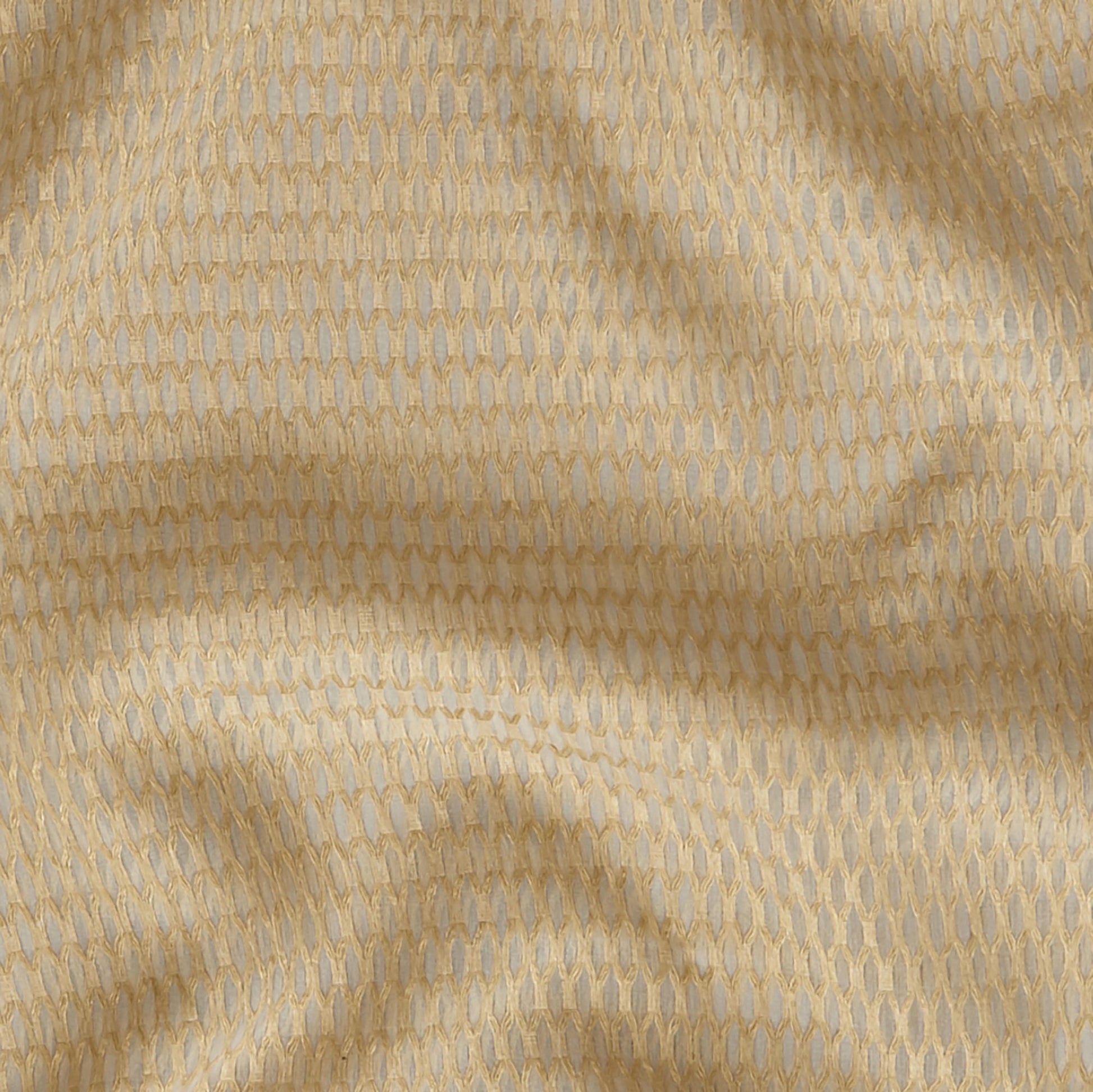 Gold-beige mesh knit fabric with small oval open-weave pattern and soft drape.