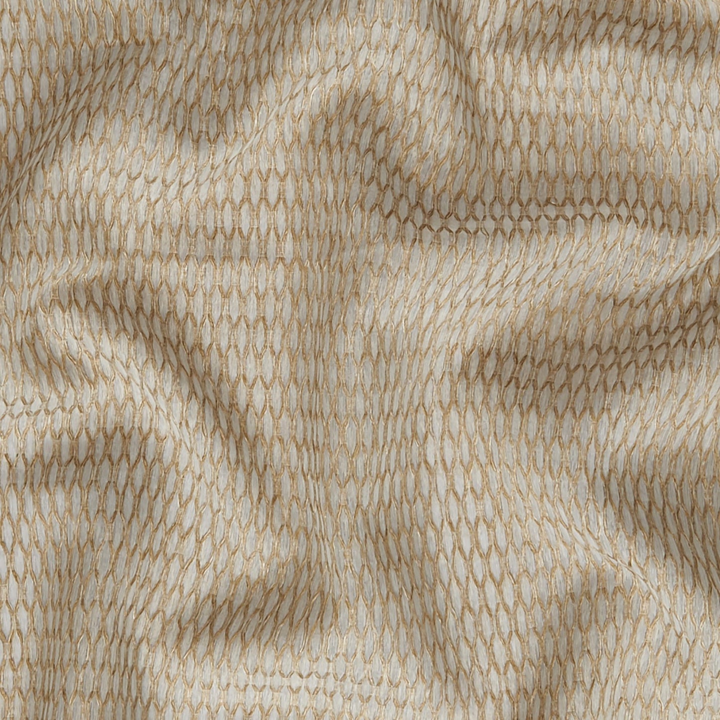 Brown sheer fabric with a geometric oval mesh pattern and soft drape.