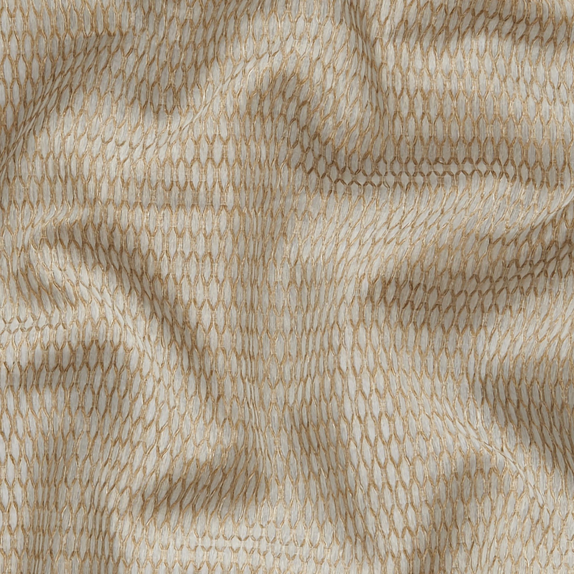 Brown sheer fabric with a geometric oval mesh pattern and soft drape.