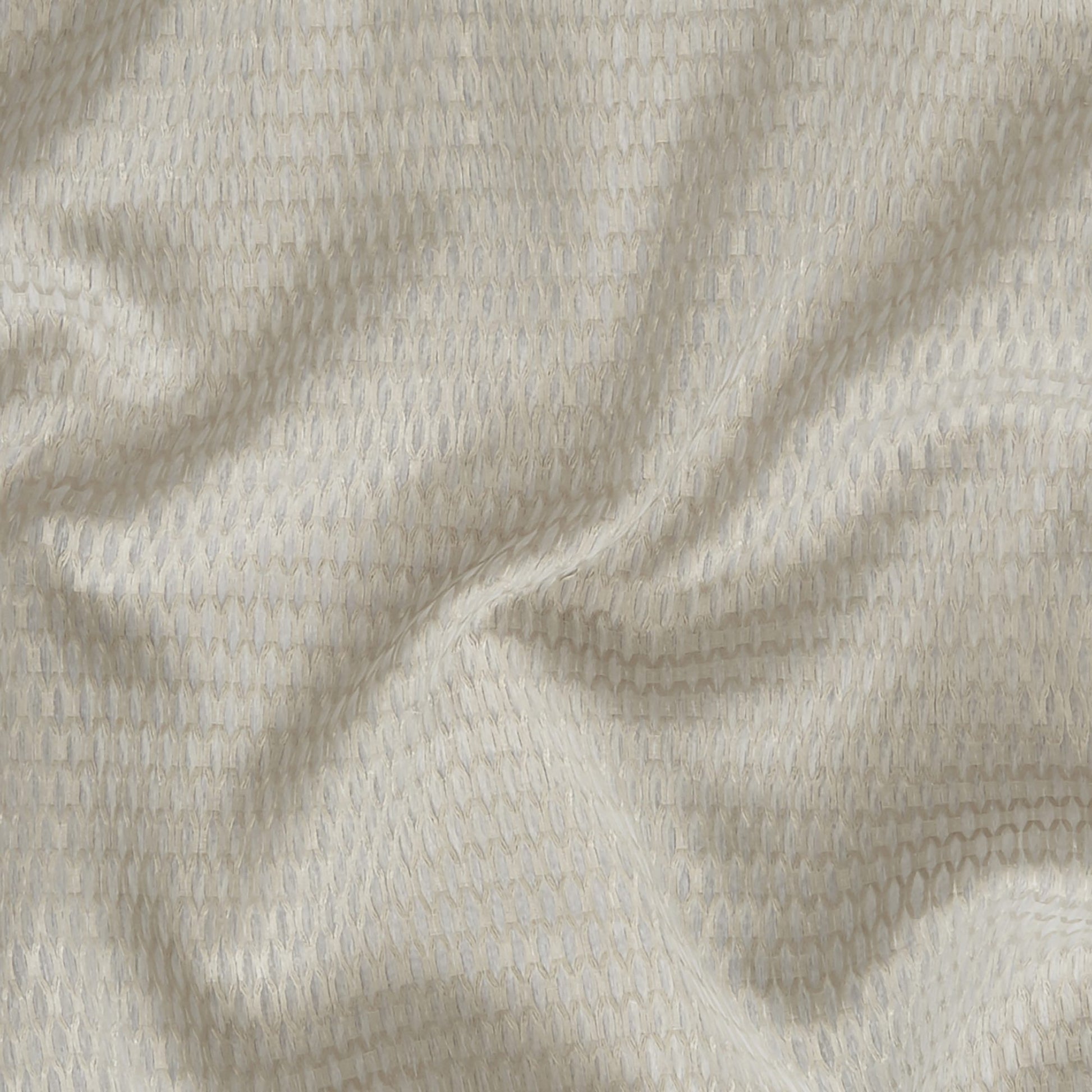 Grey & silver geometric sheer fabric with a light, flowing drape; wide width.