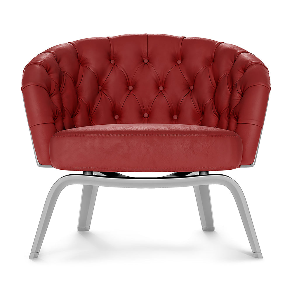Red garnet fabric lounge chair with curved back, button-tufted, and silver metal legs.